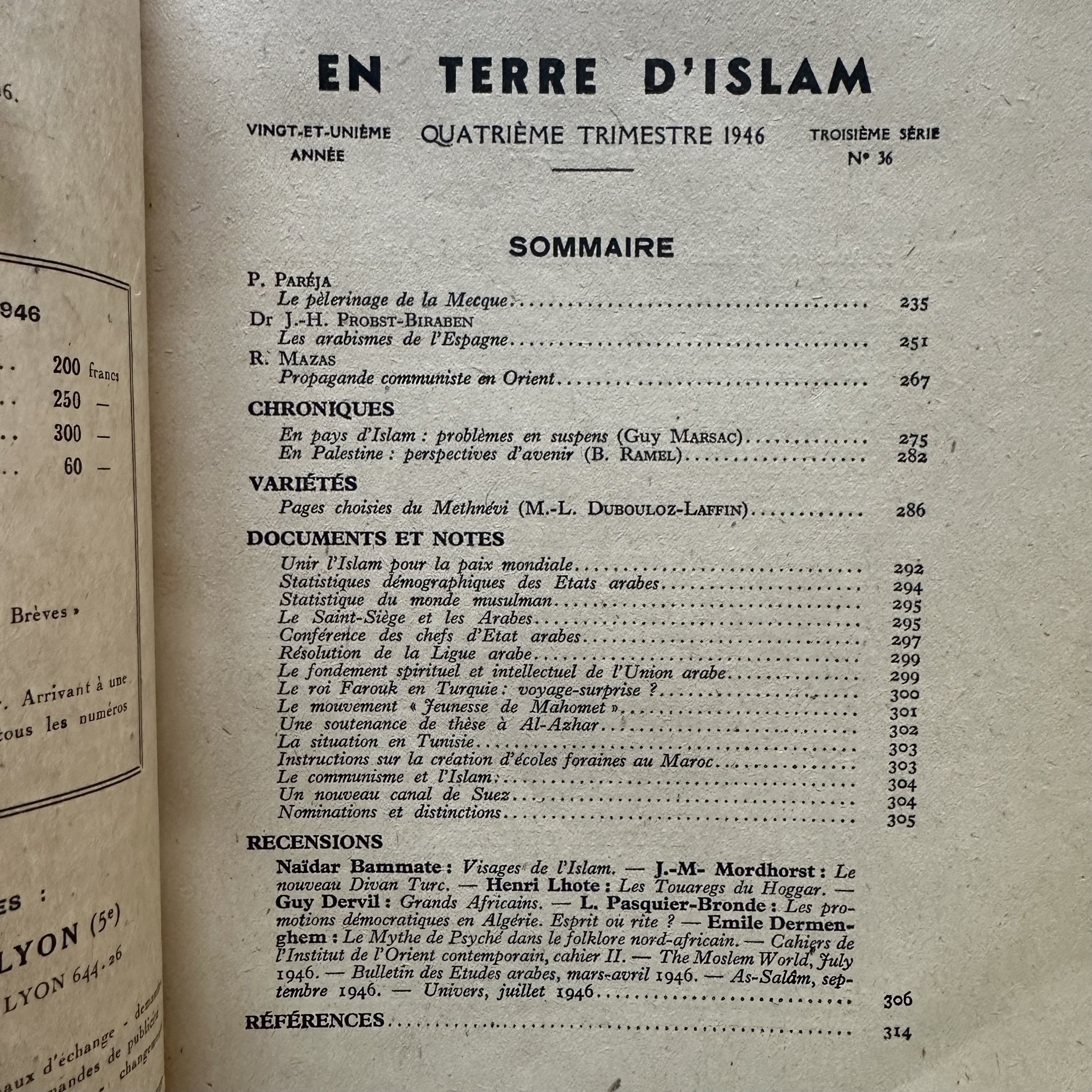 Collectif : En Terre dIslam. N° 36. Deuxième trimestre 1946. 21ème année.Troisième série. La Route des Rois. Librairie. Histoire