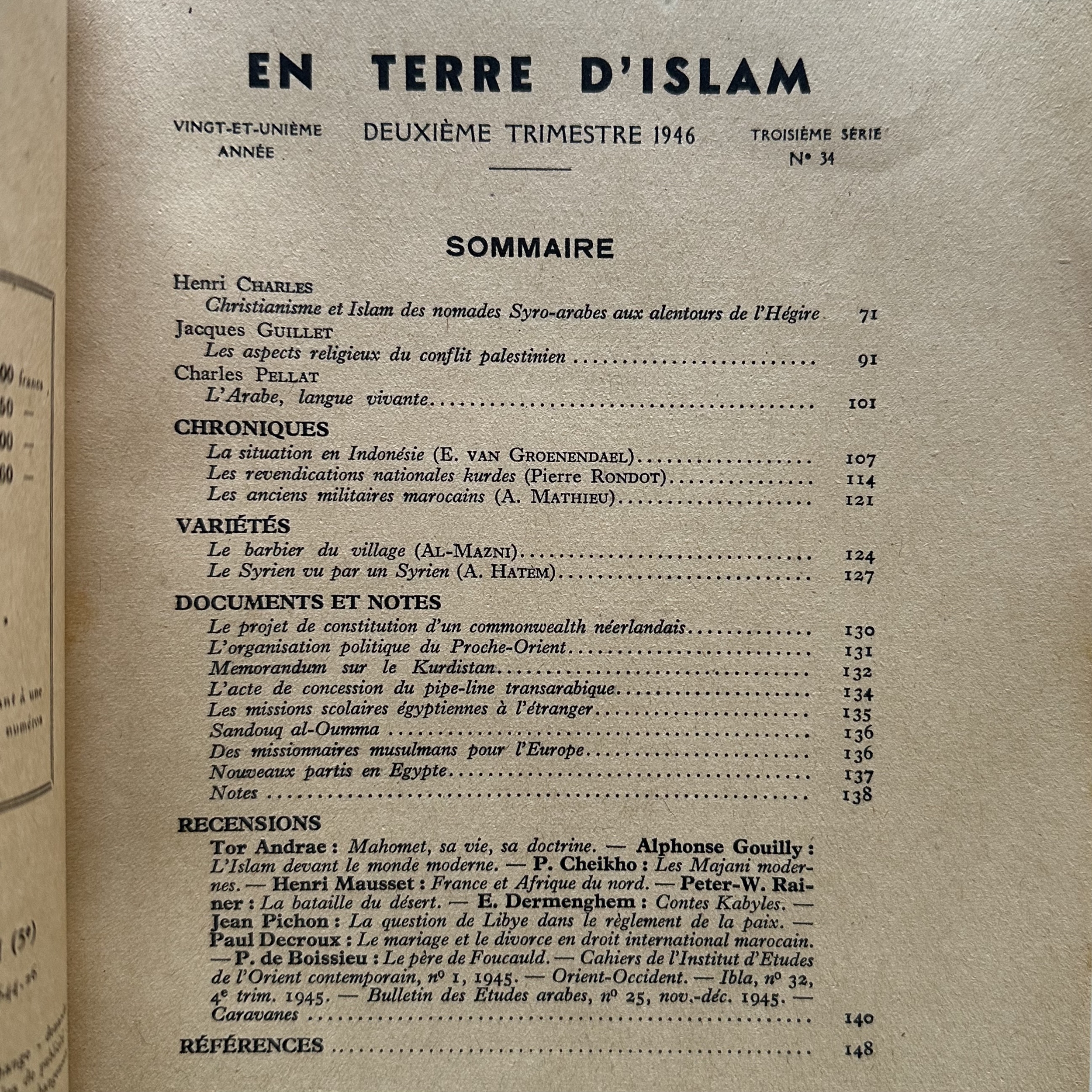 Collectif : En Terre dIslam. N° 34. Deuxième trimestre 1946. 21ème année.Troisième série. La Route des Rois. Librairie. Histoire