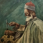 Artisan ciseleur marocain à lœuvre. Broc1Aq3. La Route des Rois. Aquarelle. Brocante