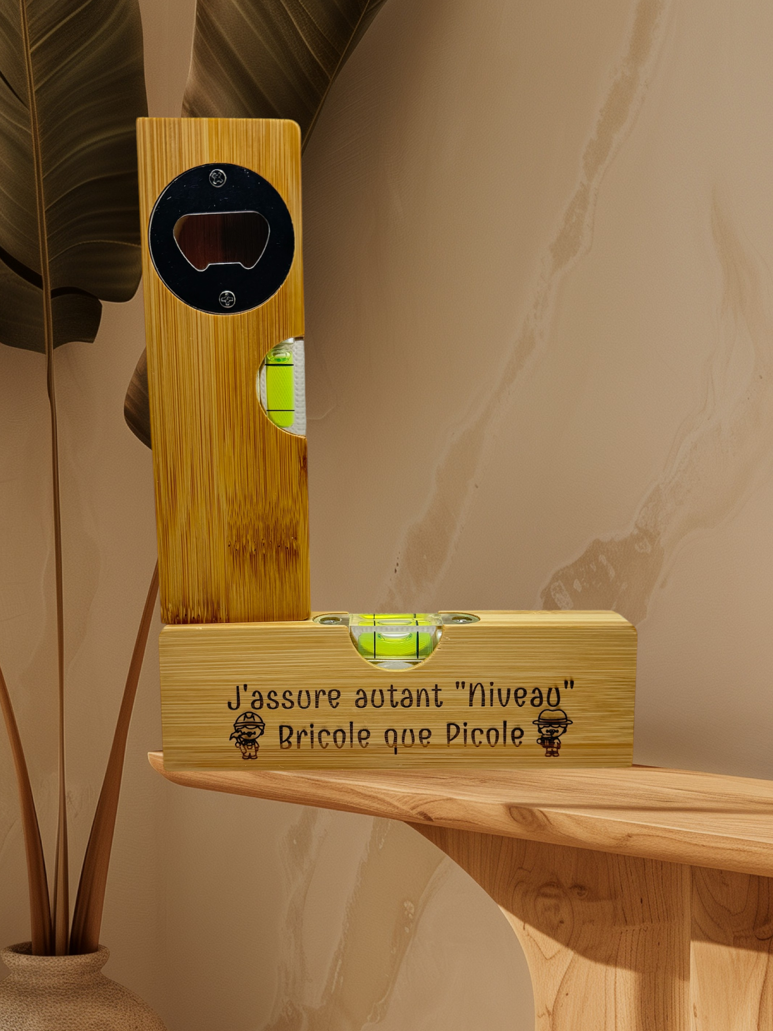 Niveau à Bulle, Décapsuleur En Bambou Gravé Papy Picole, Papy