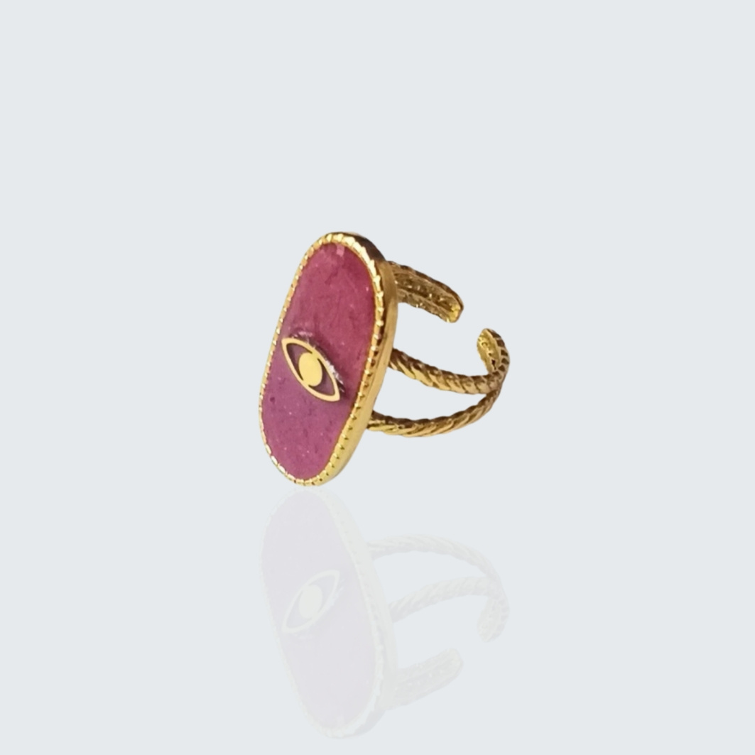 bague oeil du destin en béton rose et acie inoxydable
