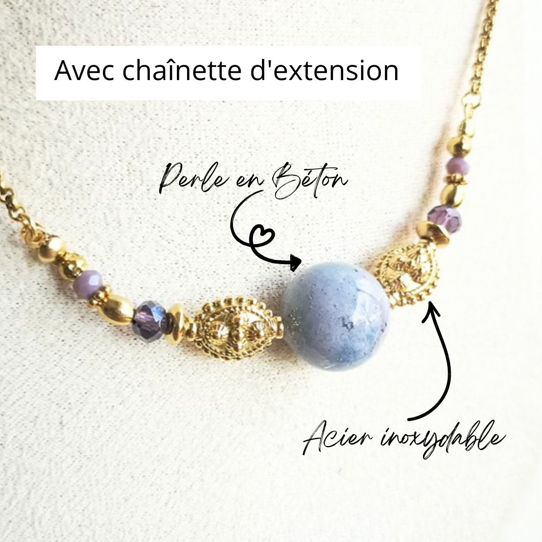 collier Adalie perle béton bleu gis ciel détails