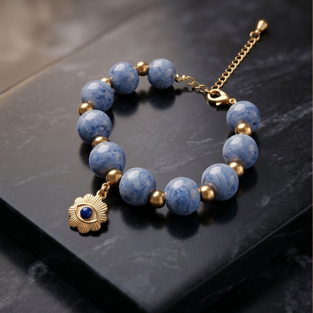 bracelet Amulette Céleste perles en béton bleu ciel charm oeil bleu acier inoxydable