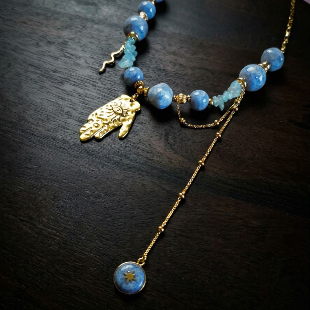 collier bénédiction du ciel perles beton bleu ciel,perles et breloques acier inoxydable 304, main serpent etoile oeil