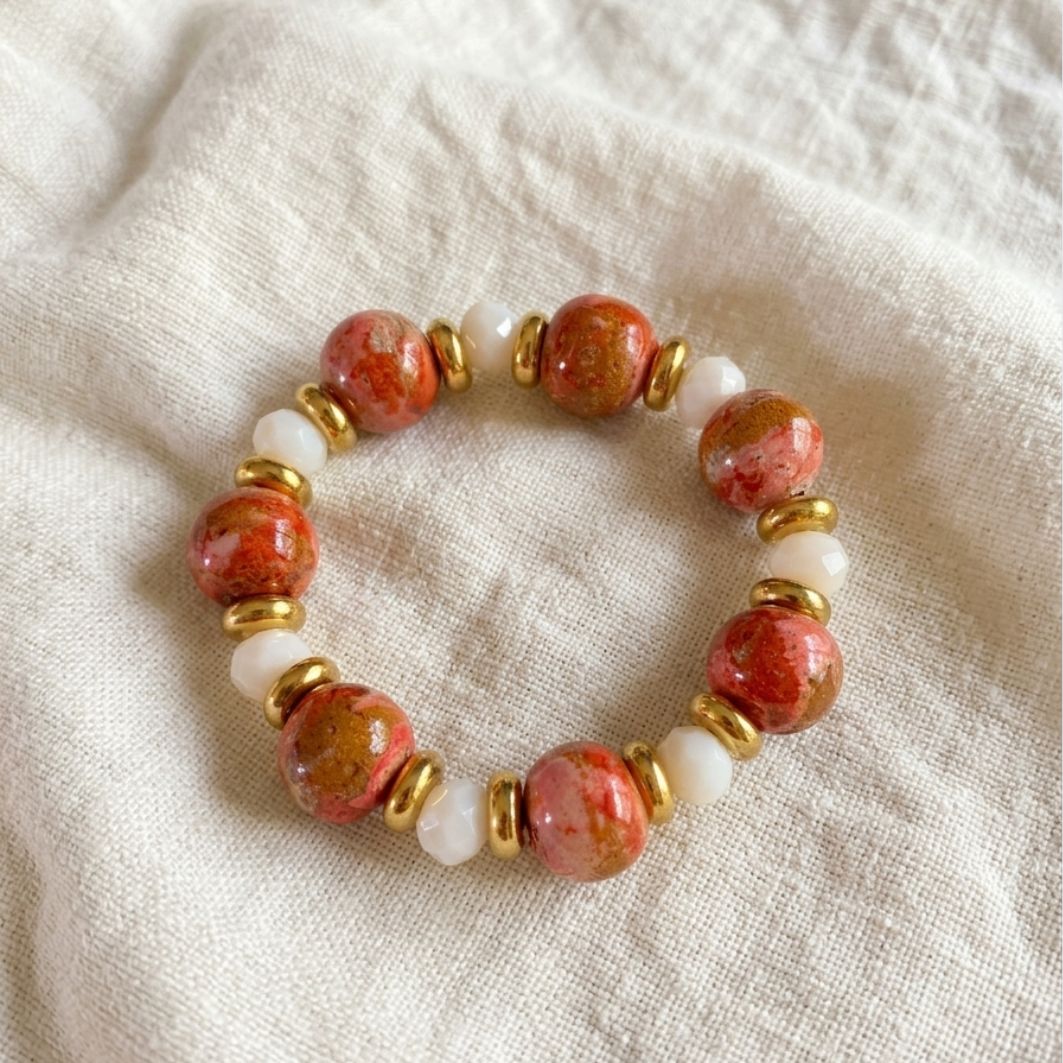 bracelet douceur dété, perles béton orange, bracelet élastique