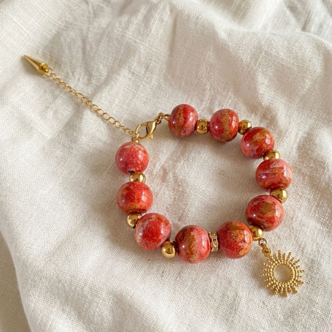 bracelet coucher de soleil perles béton, perle en acier inoxydable 304 et breloque soleil