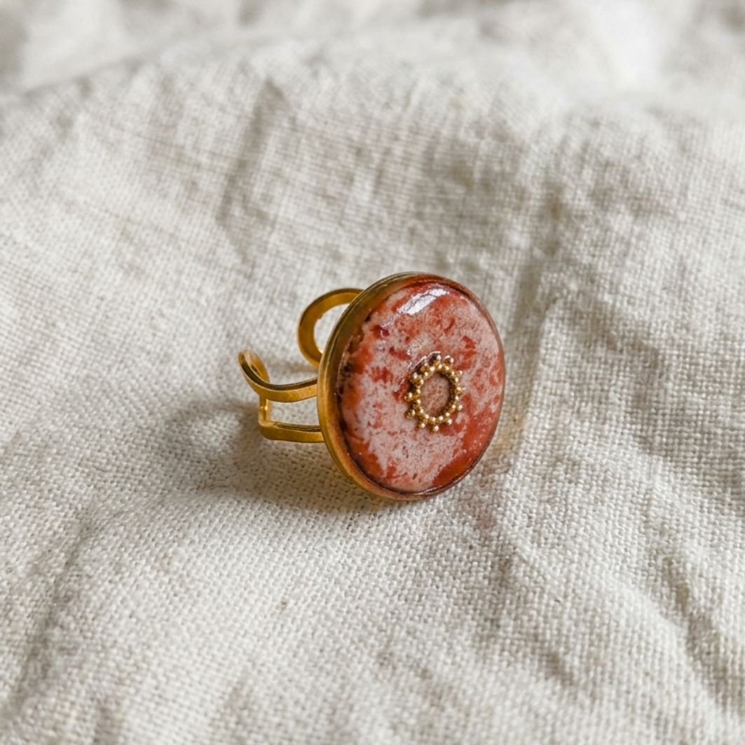 bague soleil ajustable acier inoxydable béton marbré orangé