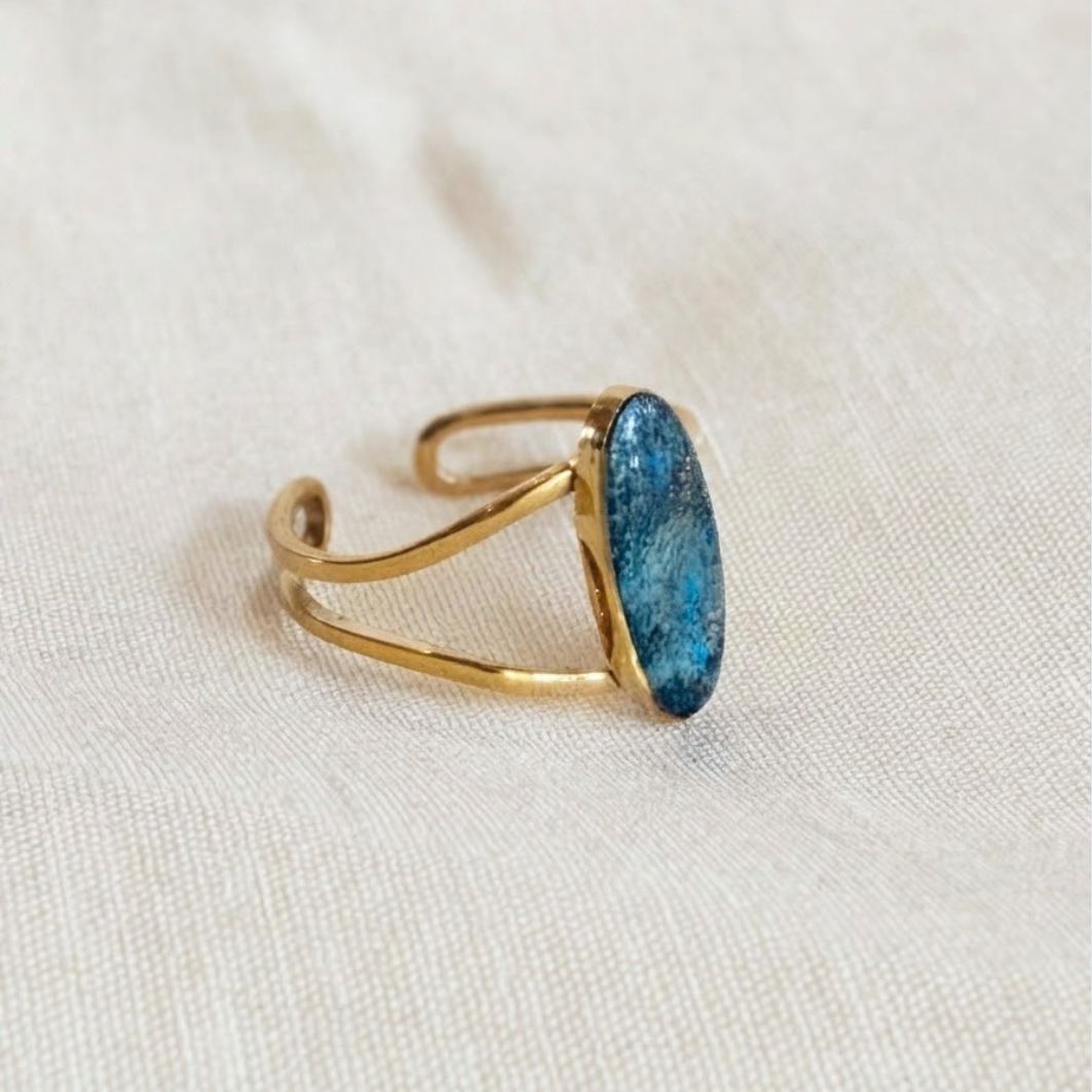 Bague Bérénice ajustable béton bleu vert thème paon