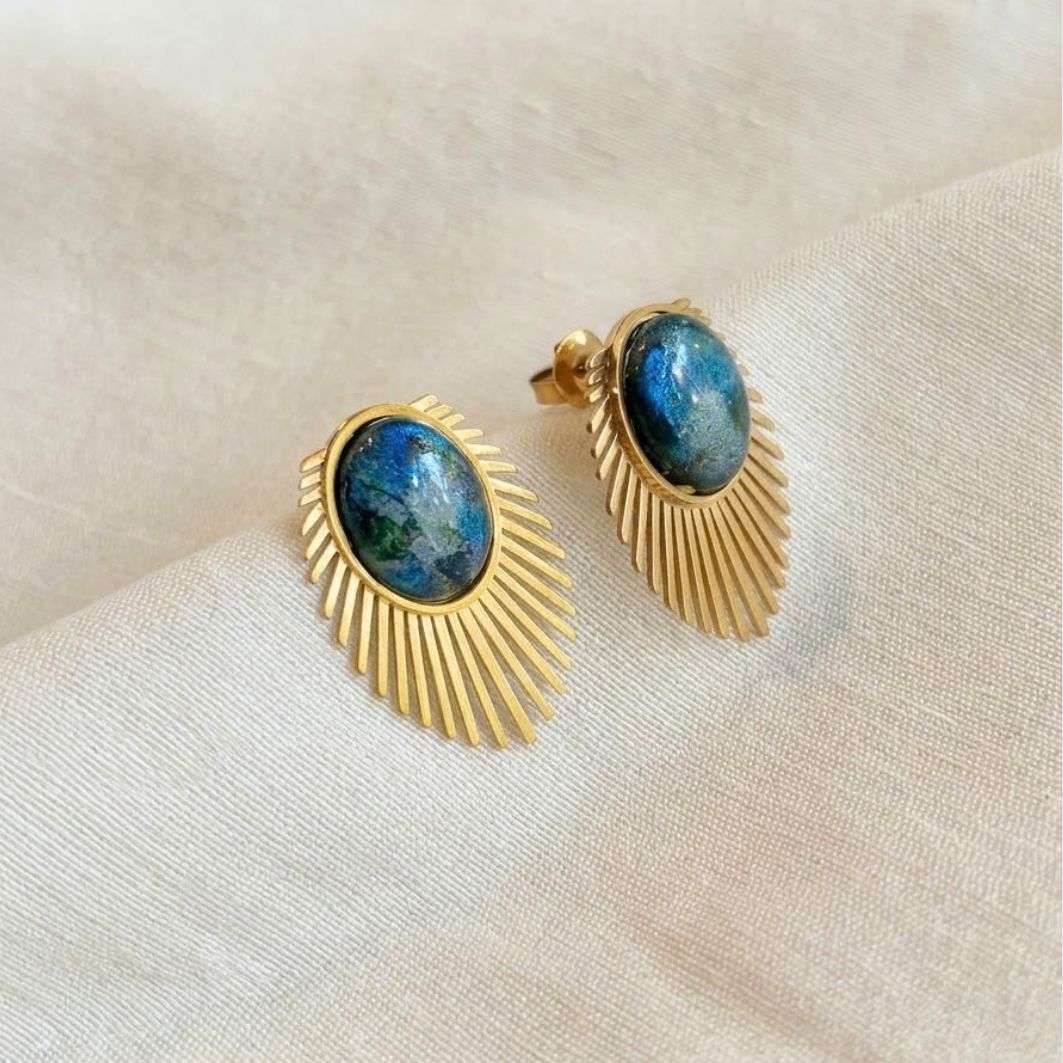 Boucles d'oreilles Paon en forme de roue de paon pierre en béton irisé bleu-vert