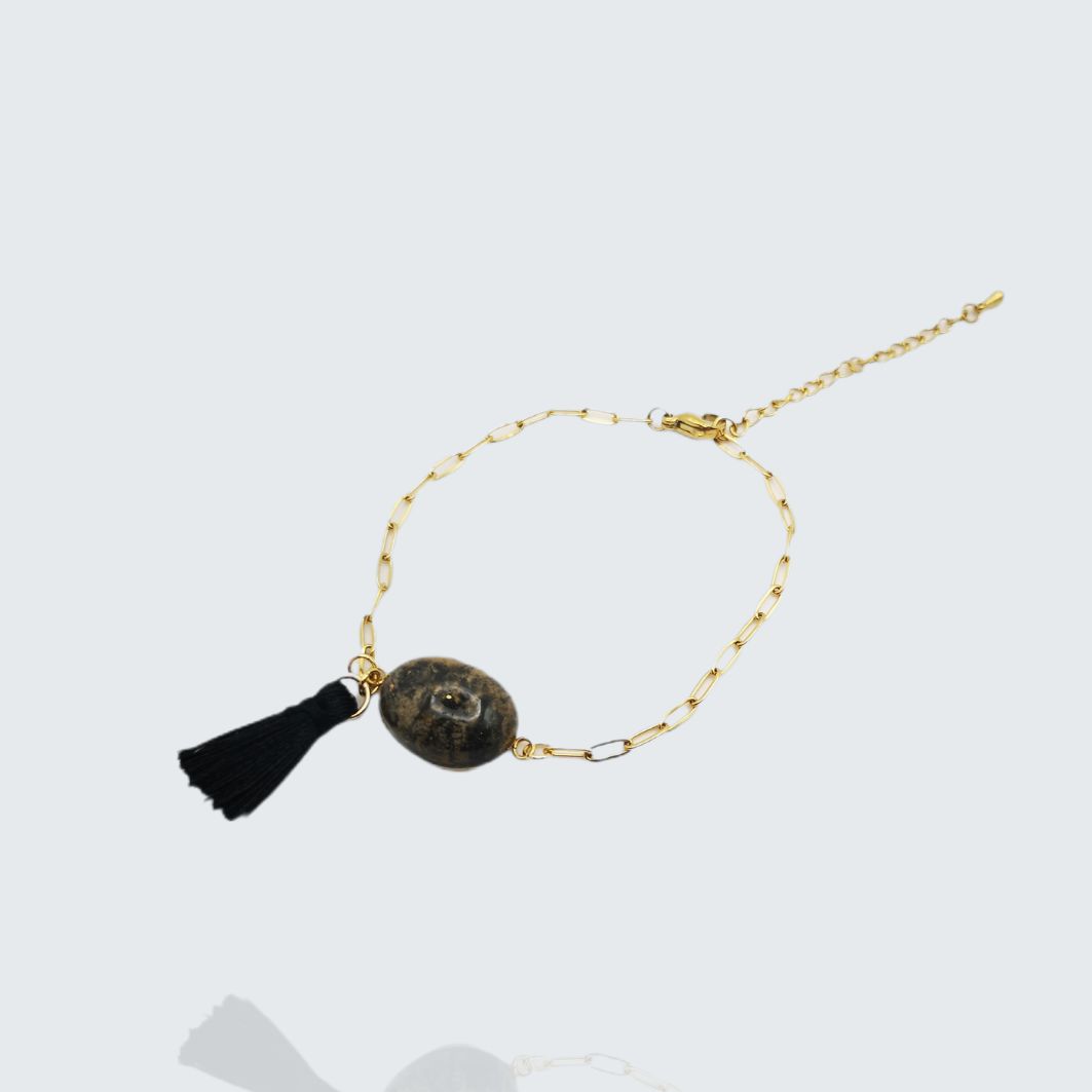 Bracelet pompon or en acier inoxydable et béton marbré avec incrustation de feuilles dor pour femme
