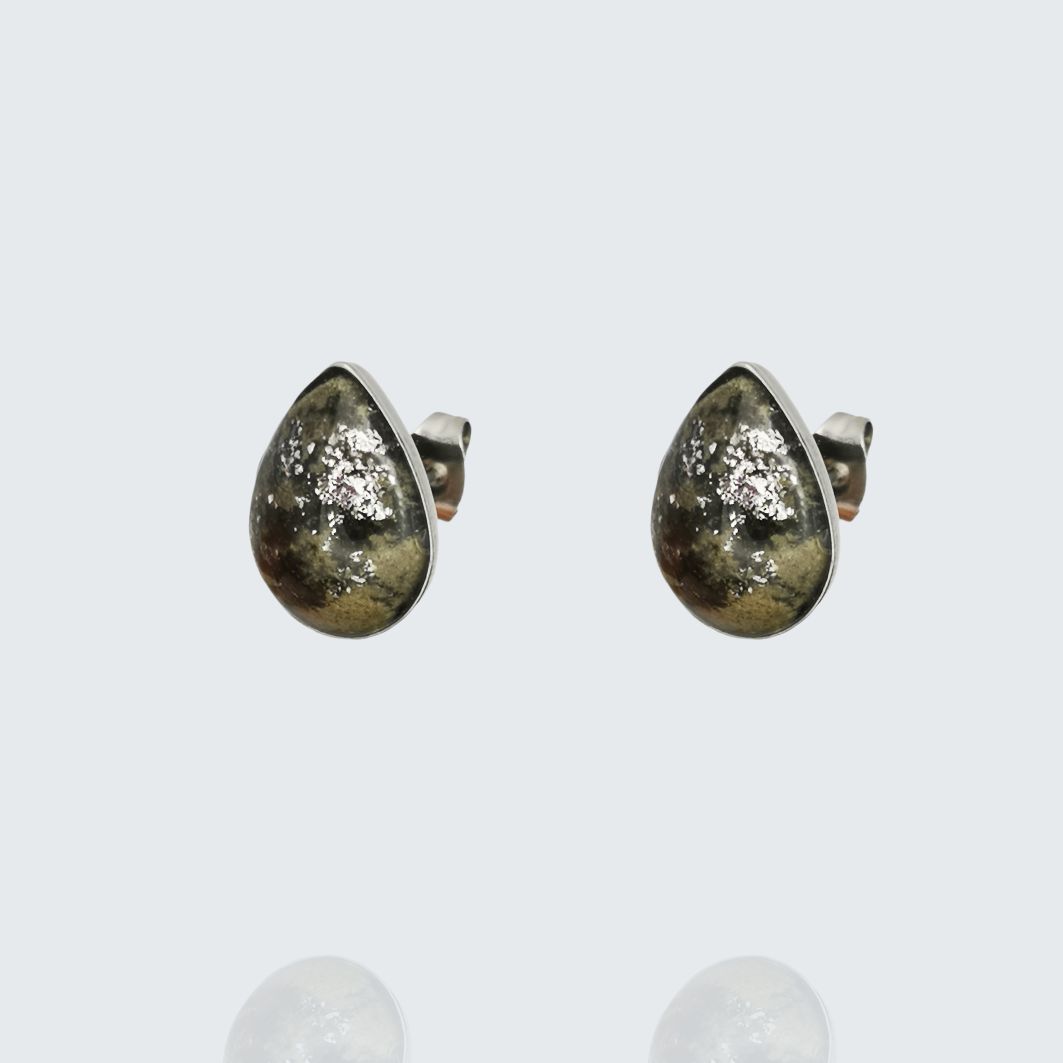 Boucles doreilles Chrome en forme de gouttes en acier inoxydable et béton marbré avec incrustation de feuilles dargent pour femme