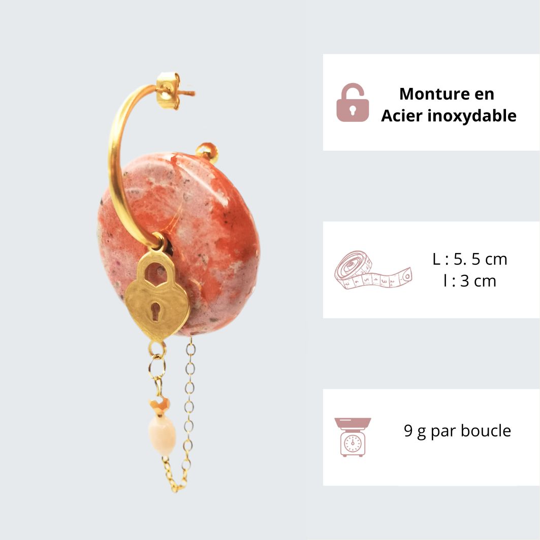 Boucles doreilles Lovina créoles acier inoxydable et disque en béton pêche coeur