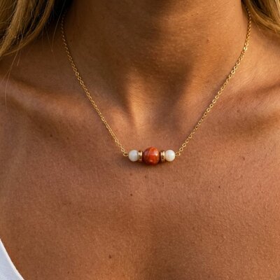 collier poésie d'été, acier inoxydable et béton marbré orange