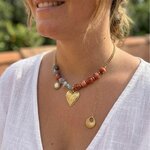 collier douceur d'été perles béton bleu nuage et orange coeur acier inoxydable soleil et coquillage