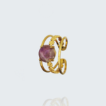 Bague Sybelle monture en acier inoxydable plaqué or 18K, fleurs avec cabochon en béton violet
