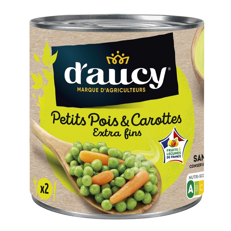 D\'AUCY - PETITS POIS ET CAROTTES EXTRA-FINS Boite de 265g net égoutté