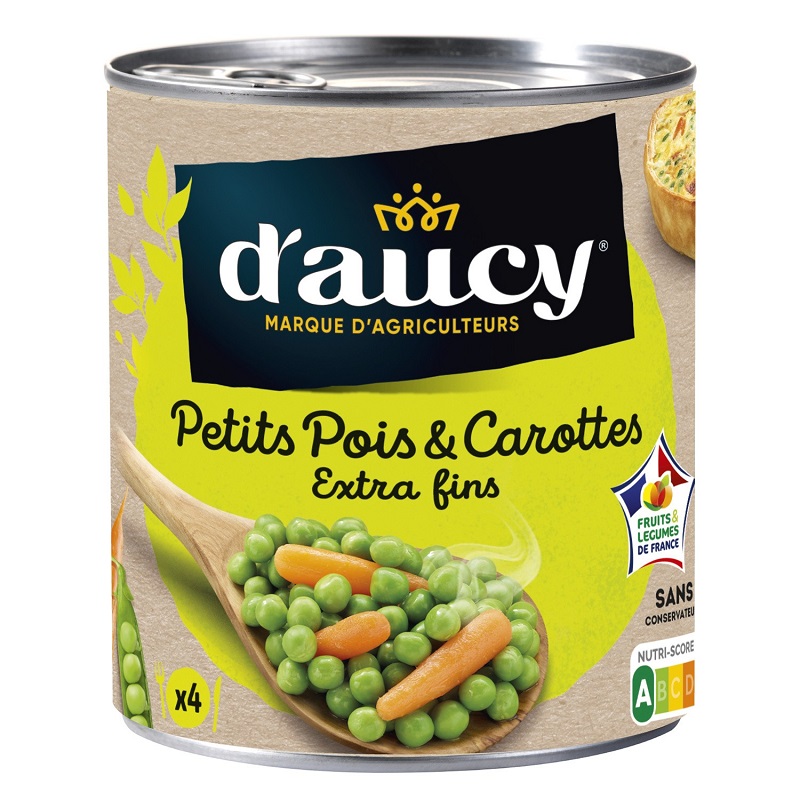 D\'AUCY - PETITS POIS ET CAROTTES EXTRA-FINS Boite de 530g net égoutté
