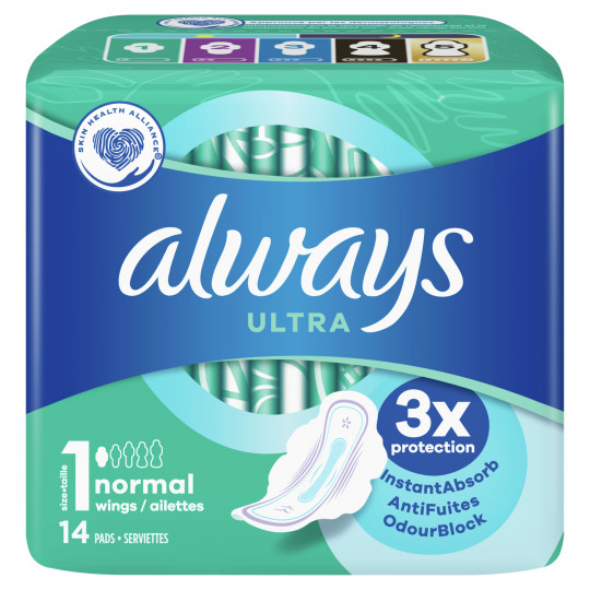 ALWAYS - SERVIETTES HYGIENIQUES AVEC AILETTES NORMAL TAILLE 1 Paquet de 14