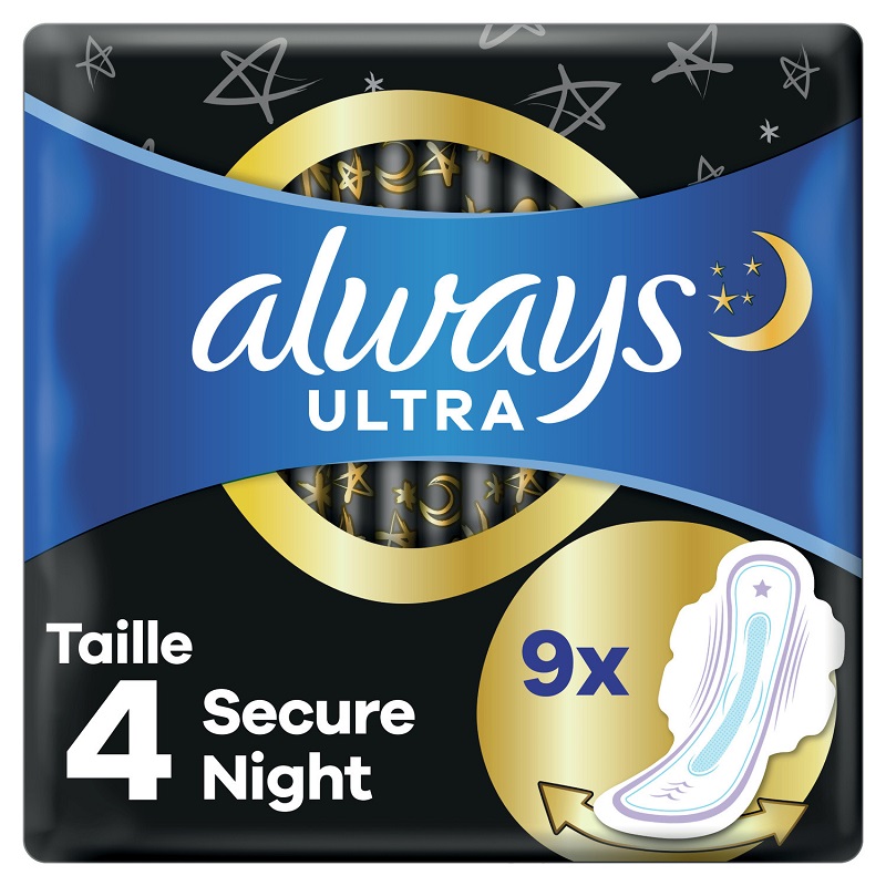 ALWAYS - SERVIETTES HYGIENIQUES AVEC AILETTES ULTRA SECURE NIGHT TAILLE 4 Paquet de 9