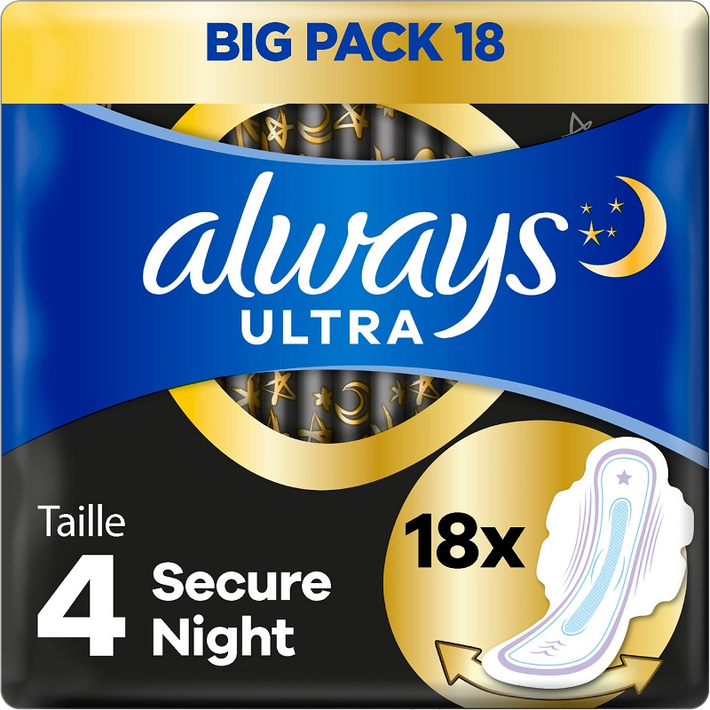 ALWAYS - SERVIETTES HYGIENIQUES AVEC AILETTES ULTRA SECURE NIGHT TAILLE 4 Paquet de 18