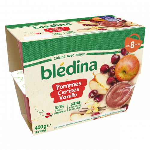 BLEDINA - COMPOTE BEBE POMME CERISE VANILLE DES 8 MOIS 4 Pots de 100g