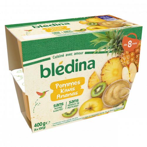 BLEDINA COMPOTE BEBE POMME KIWI ANANAS DES 8 MOIS 4 Pots de 100g