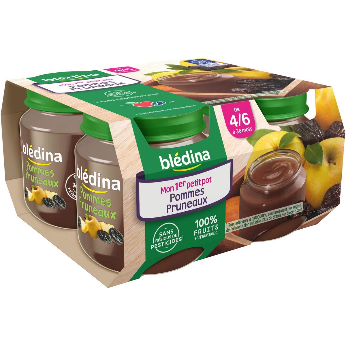 BLEDINA - COMPOTE BEBE POMME PRUNEAUX DES 4 MOIS 4 Pots de 130g