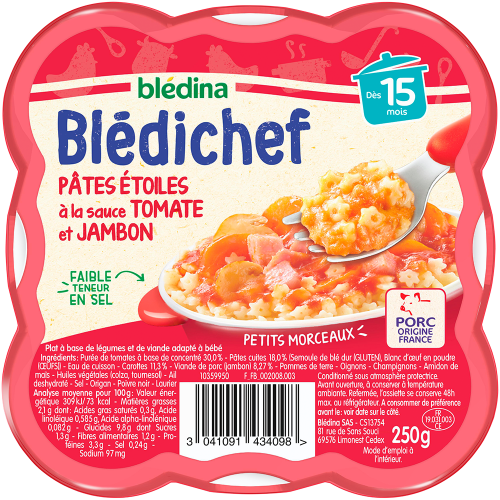 BLEDINA - BLEDICHEF PATES ETOILE SAUCE TOMATE ET JAMBON DES 15 MOIS L\'assiette de 250g