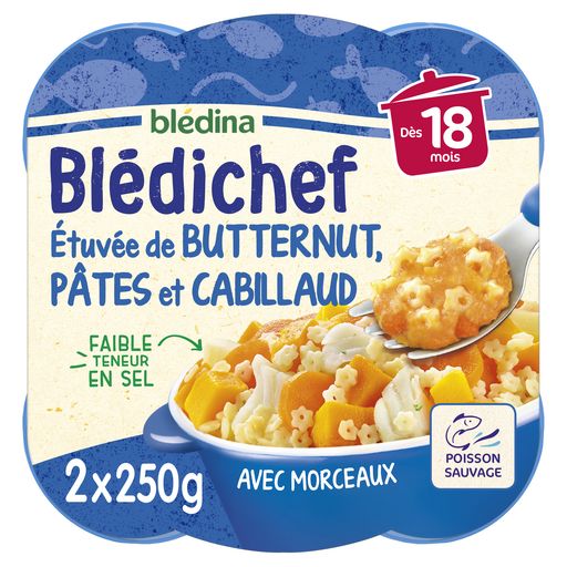 BLEDINA - BLEDICHEF BUTTERNUT PATES ET CABILLAUD DES 18 MOIS Les 2 assiettes de 250g