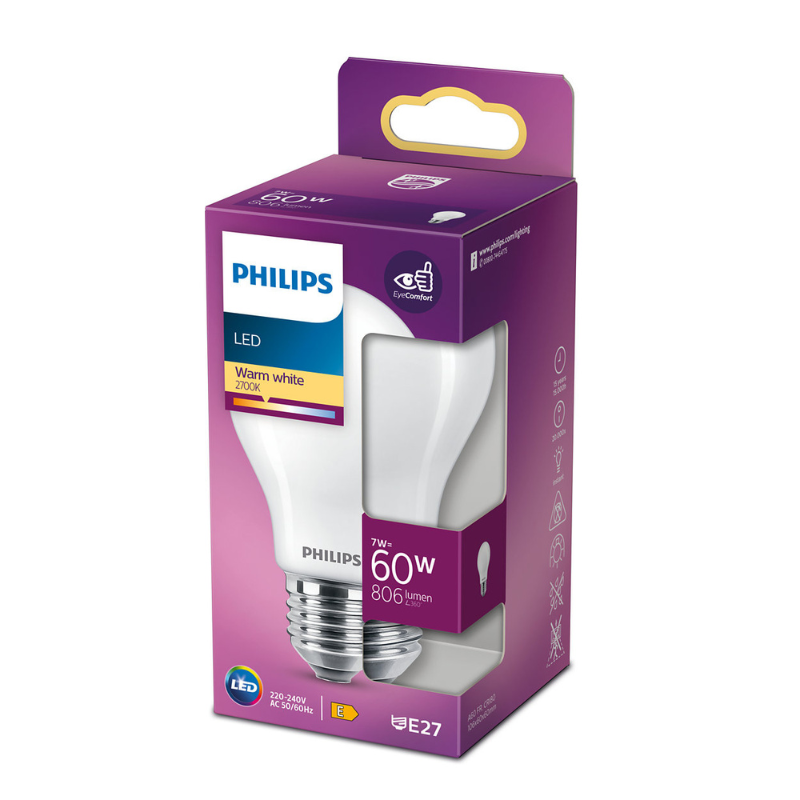 PHILIPS - AMPOULE LED E27 60W BLANC CHAUD STANDARD