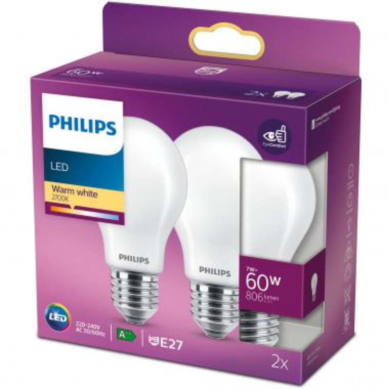 PHILIPS - AMPOULE LED E27 60W BLANC CHAUD STANDARD X2