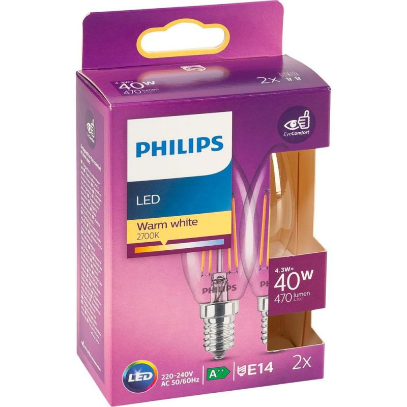 PHILIPS - AMPOULE LED FLAMME E14 40W BLANC CHAUD X2