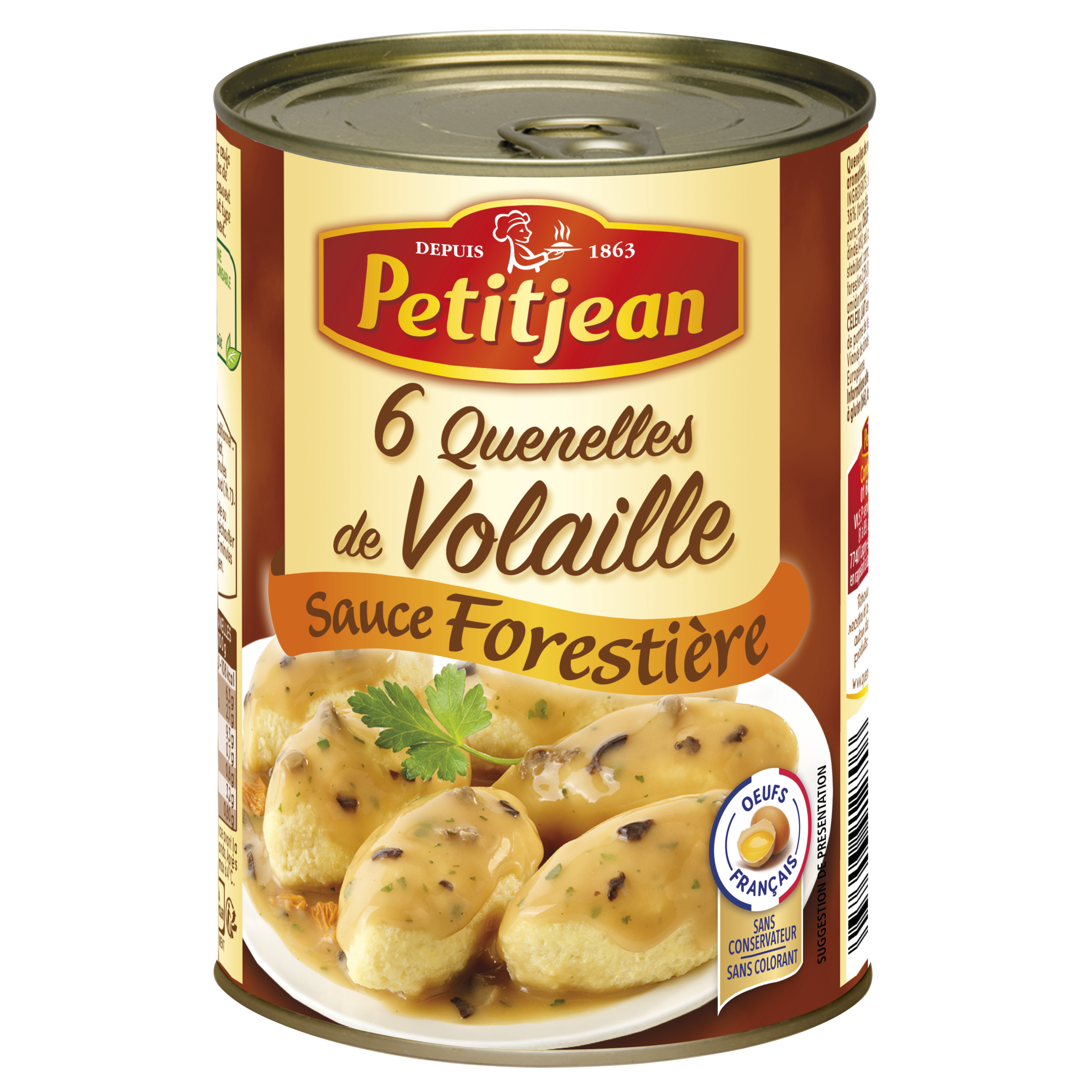 PETITJEAN - QUENELLES DE VOLAILLE SAUCE FORESTIERE Boite de 400g.