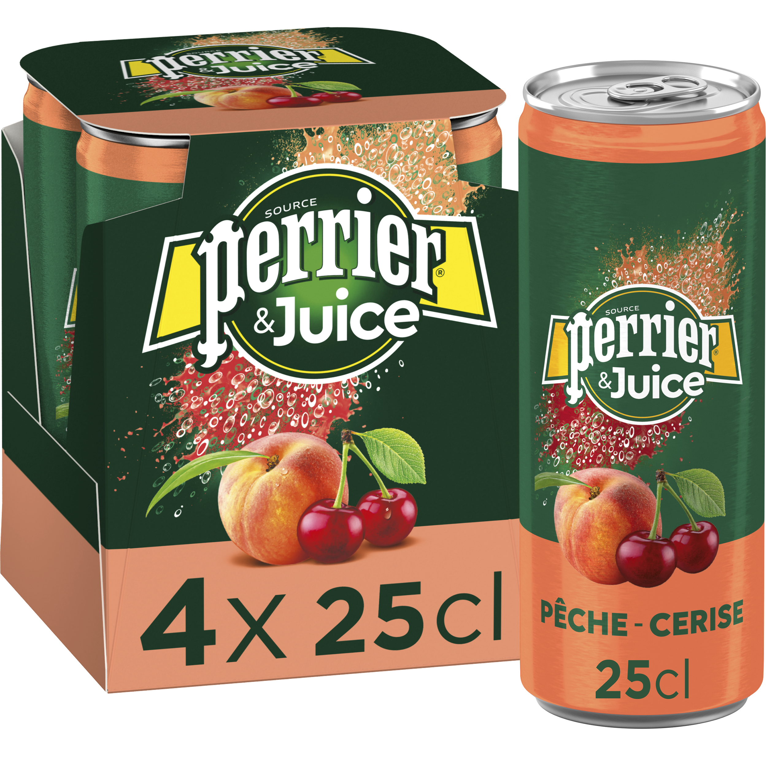 PERRIER - EAU GAZEUSE AROMATISÉE PÊCHE CERISE Pack de 4 canettes de 25cl
