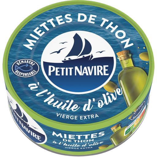 PETIT NAVIRE - MIETTE DE THON A L\'HUILE D\'OLIVE Boite de 104g net égoutté.