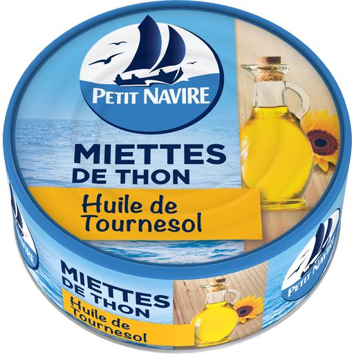 PETIT NAVIRE - MIETTE DE THON A L\'HUILE DE TOURNESOL Boite de 104g net égoutté.