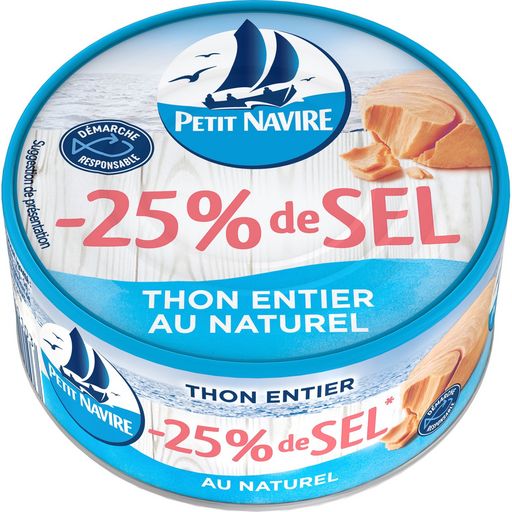 PETIT NAVIRE - THON ENTIER AU NATUREL - 25% DE SEL Boite de 112g net égoutté
