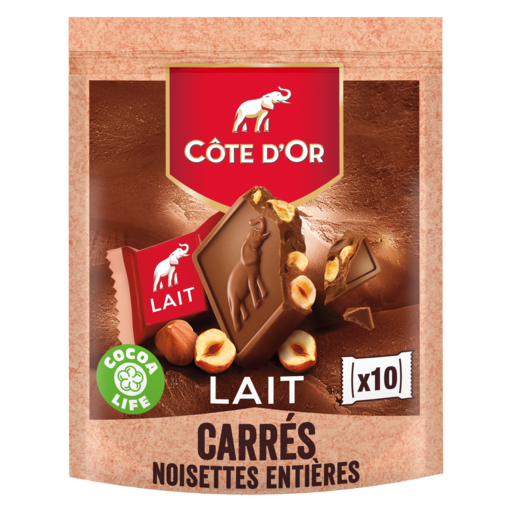 COTE D\'OR - CARRES DE CHOCOLAT AU LAIT NOISETTE ENTIERES Paquet de 200g