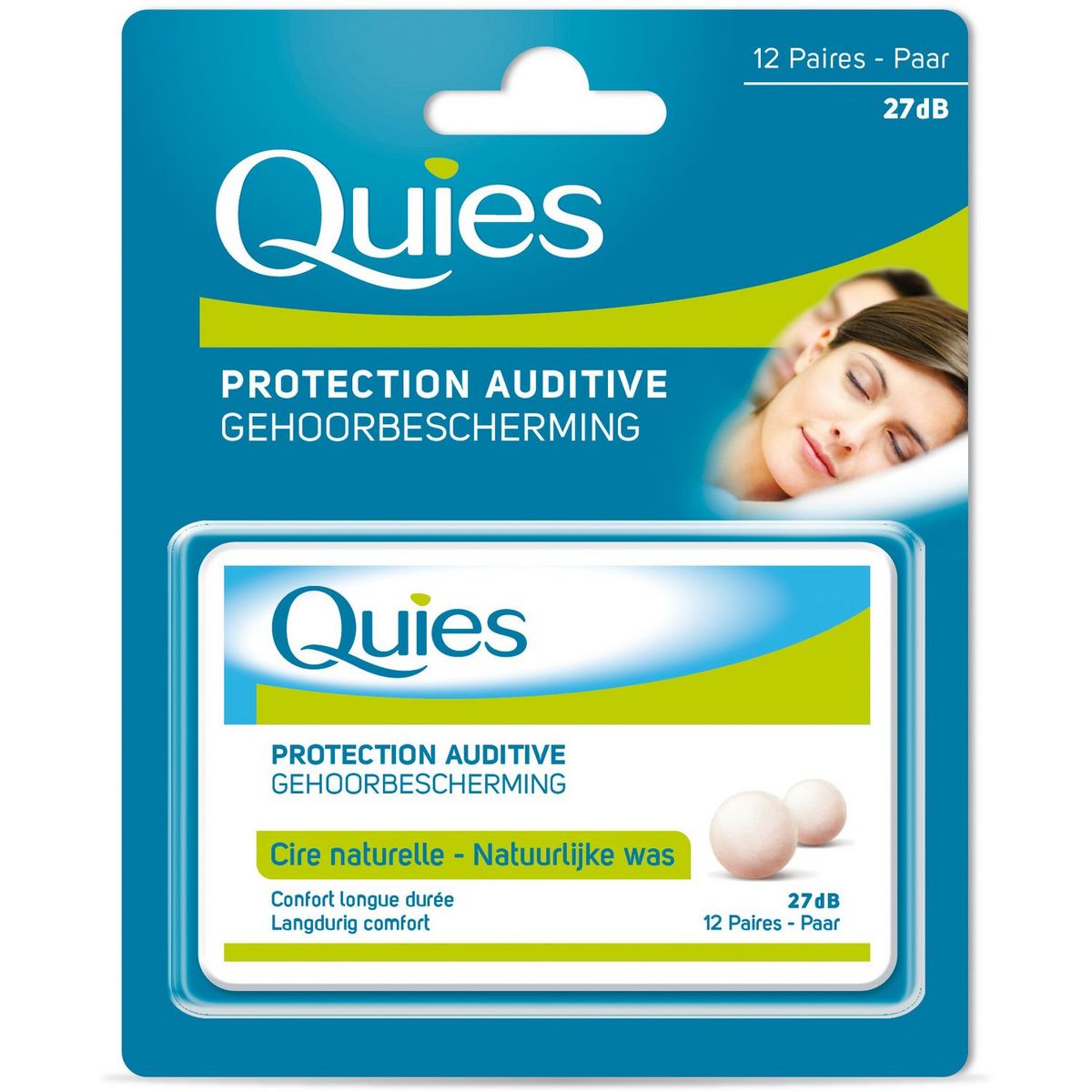 QUIES - PROTECTION AUDITIVE 27dB CIRE NATURELLE Boite de 12 paires