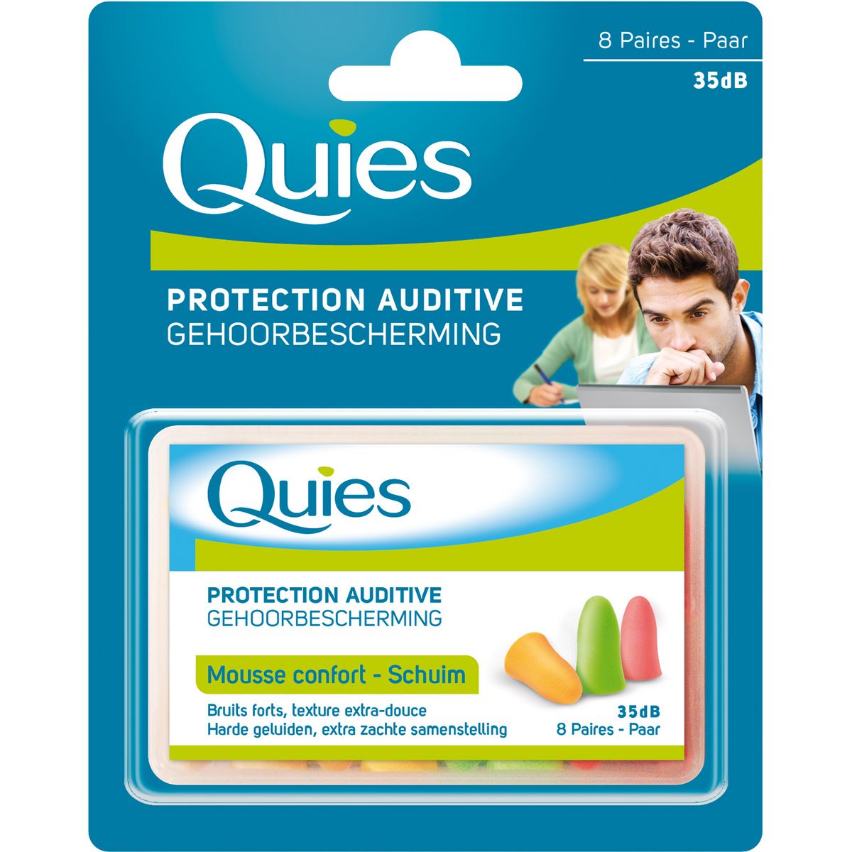QUIES - PROTECTION AUDITIVE 35dB MOUSSE CONFORT FLUO Boite de 8 paires