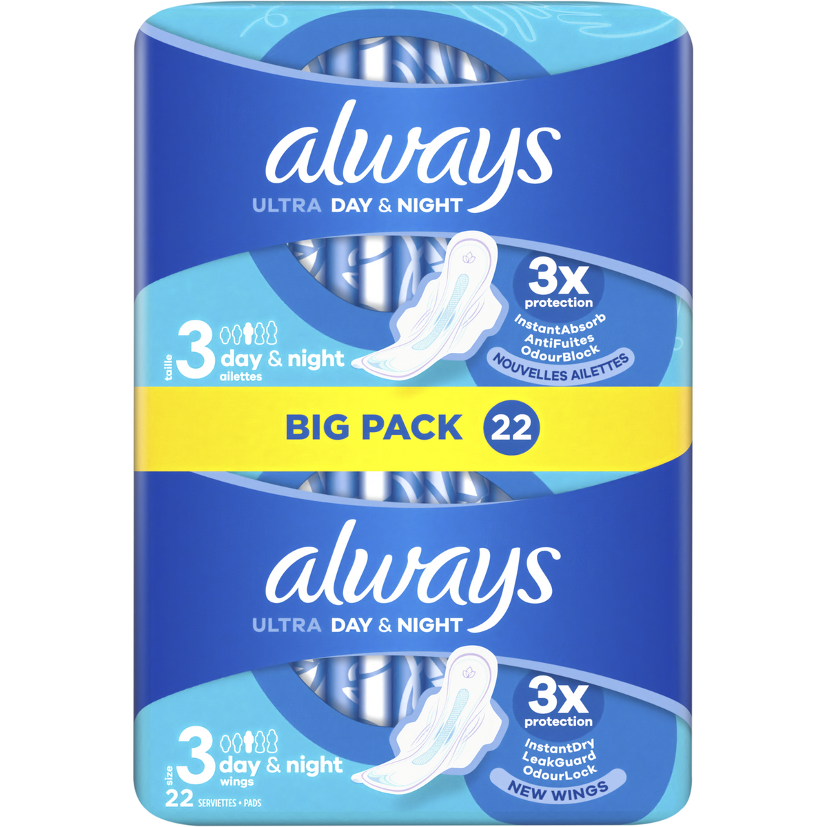 ALWAYS - SERVIETTES HYGIENIQUES AVEC AILETTES ULTRA DAY & NIGHT TAILLE 3 Paquet de 22