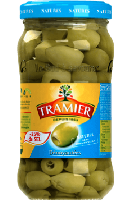TRAMIER - OLIVES VERTES DENOYAUTEES REDUIT EN SEL Pot de 160g