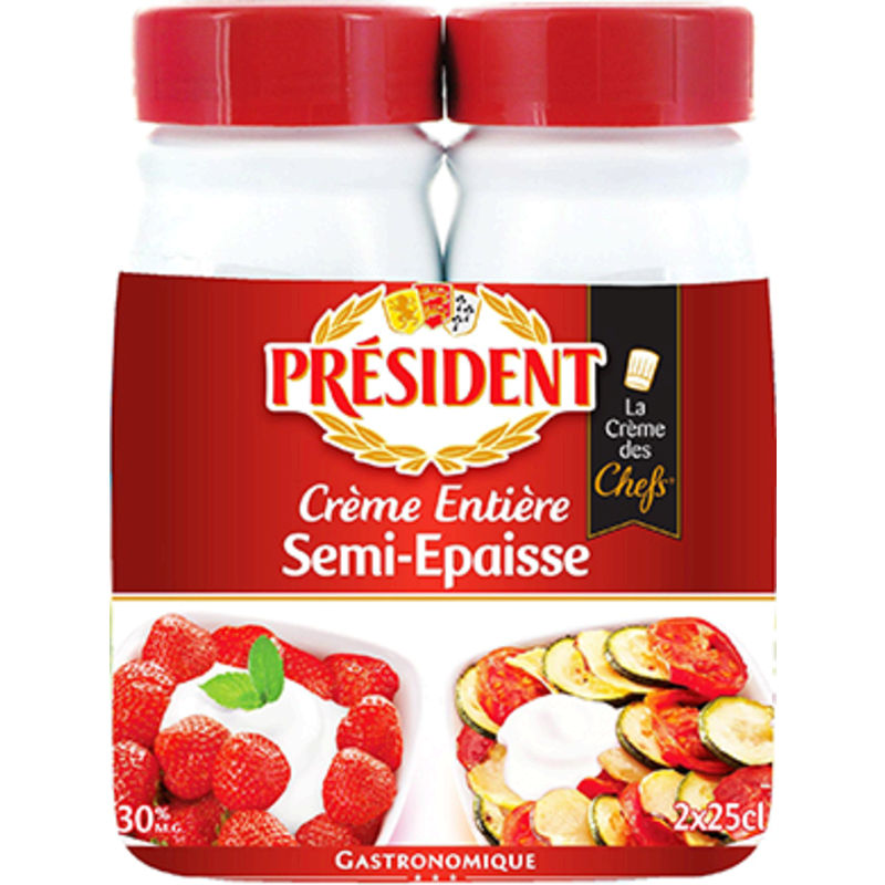 PRESIDENT - CREME ENTIERE SEMI-EPAISSE SECRET DE CREME UHT 2 bouteilles de 25cl