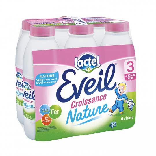LACTEL - LAIT LIQUIDE BEBE CROISSANCE NATURE EVEIL Pack de 6 bouteilles de 1L