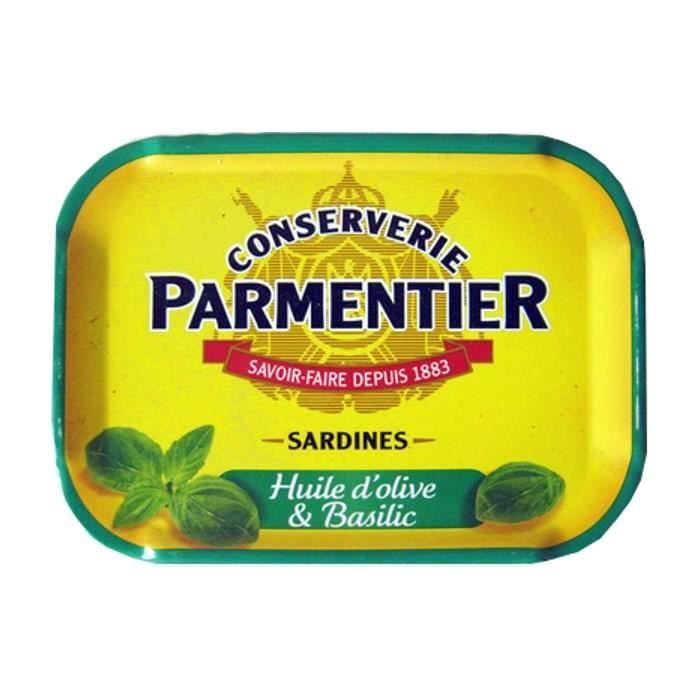 PARMENTIER - SARDINES A L\'HUILE D\'OLIVE ET BASILIC Boite de 135g
