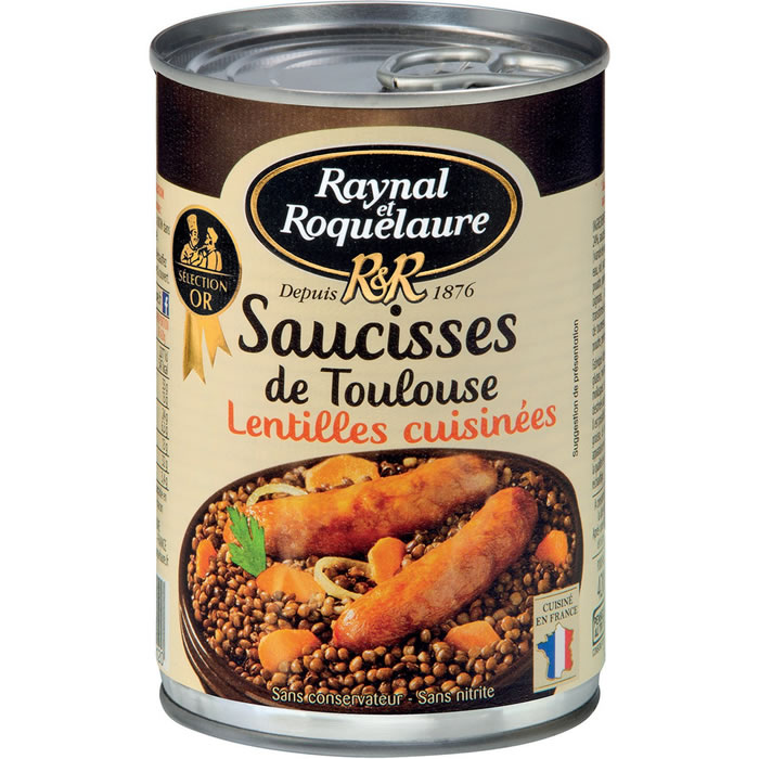 RAYNAL ET ROQUELAURE - SAUCISSE DE TOULOUSE LENTILLES CUISINEES Boite de 420g ou 840g