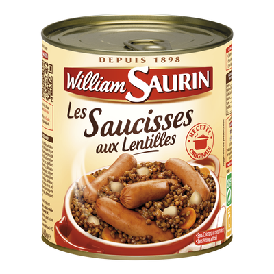 WILLIAM SAURIN - SAUCISSES AUX LENTILLES Boite de 420g ou 840g.
