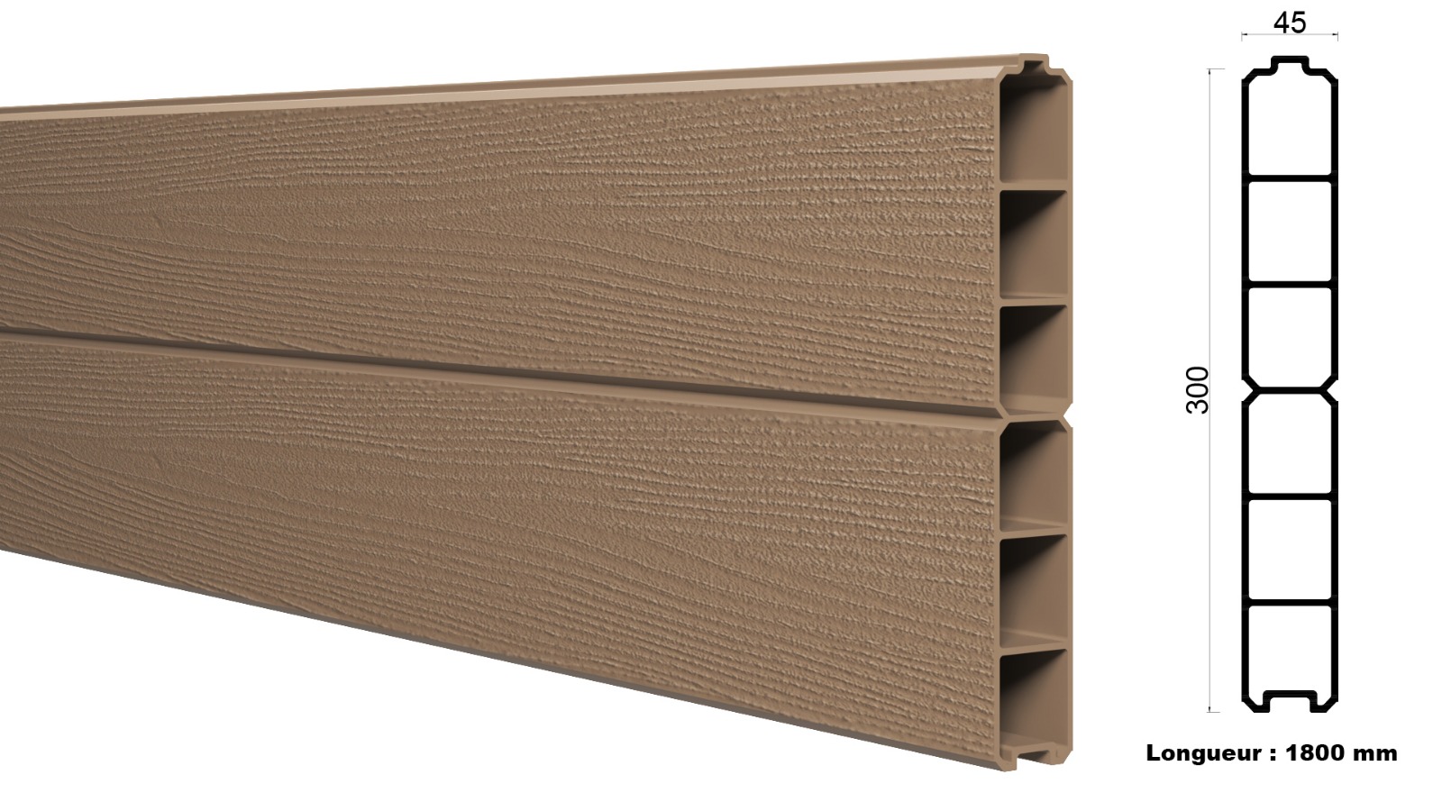 Lame composite 1800x300x45 Bois clair 3D Wood