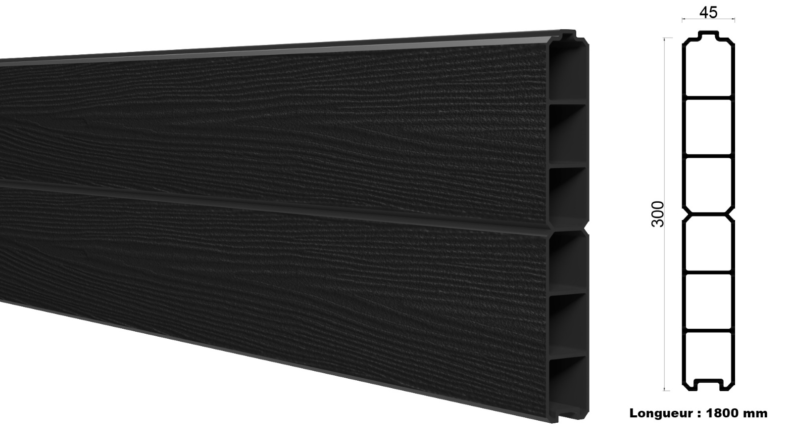 Lame composite 1800x300x45 Gris foncé 3D Wood