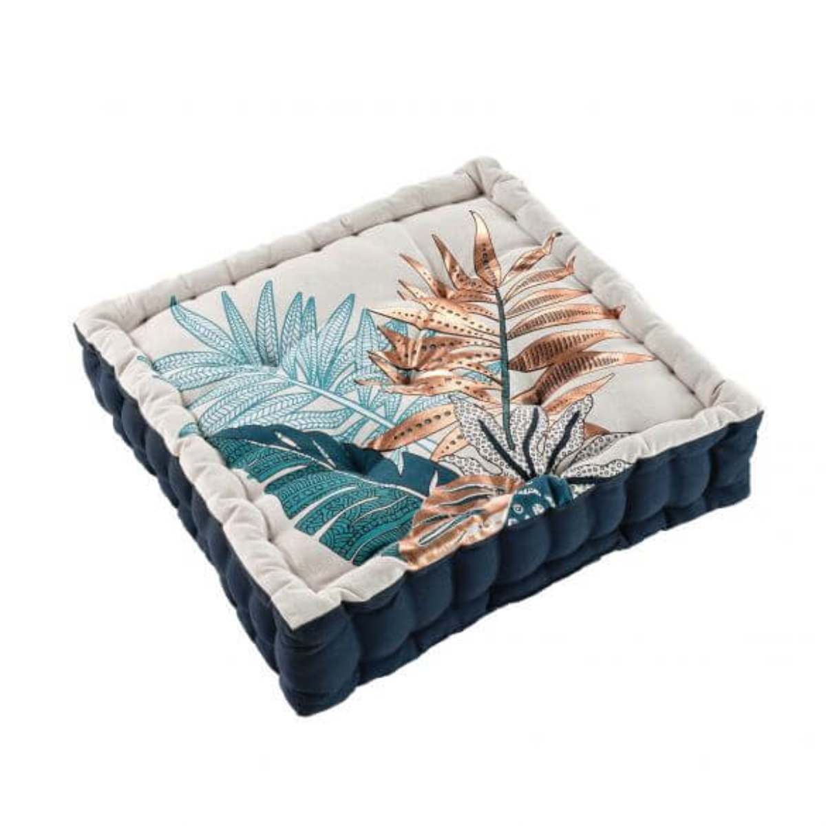 coussin-sol-garni-45x45cmx10cm-feuillage-beige-bleu-cuivre-métallisé